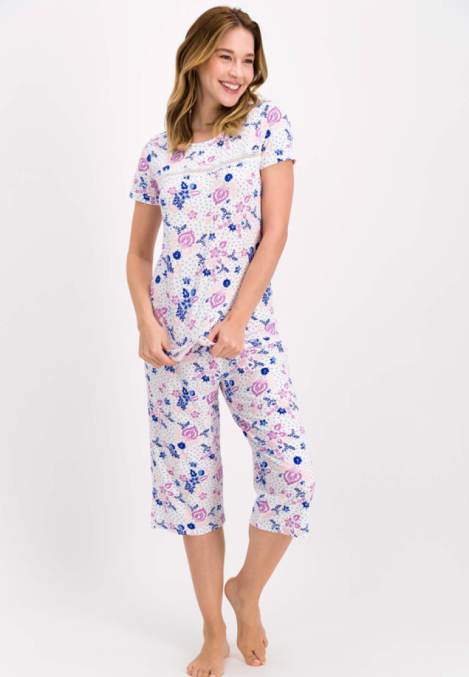 Pijama Dama Bumbac Mânecă Scurtă, Pantalon Trei Sferturi cu Dantelă Engros